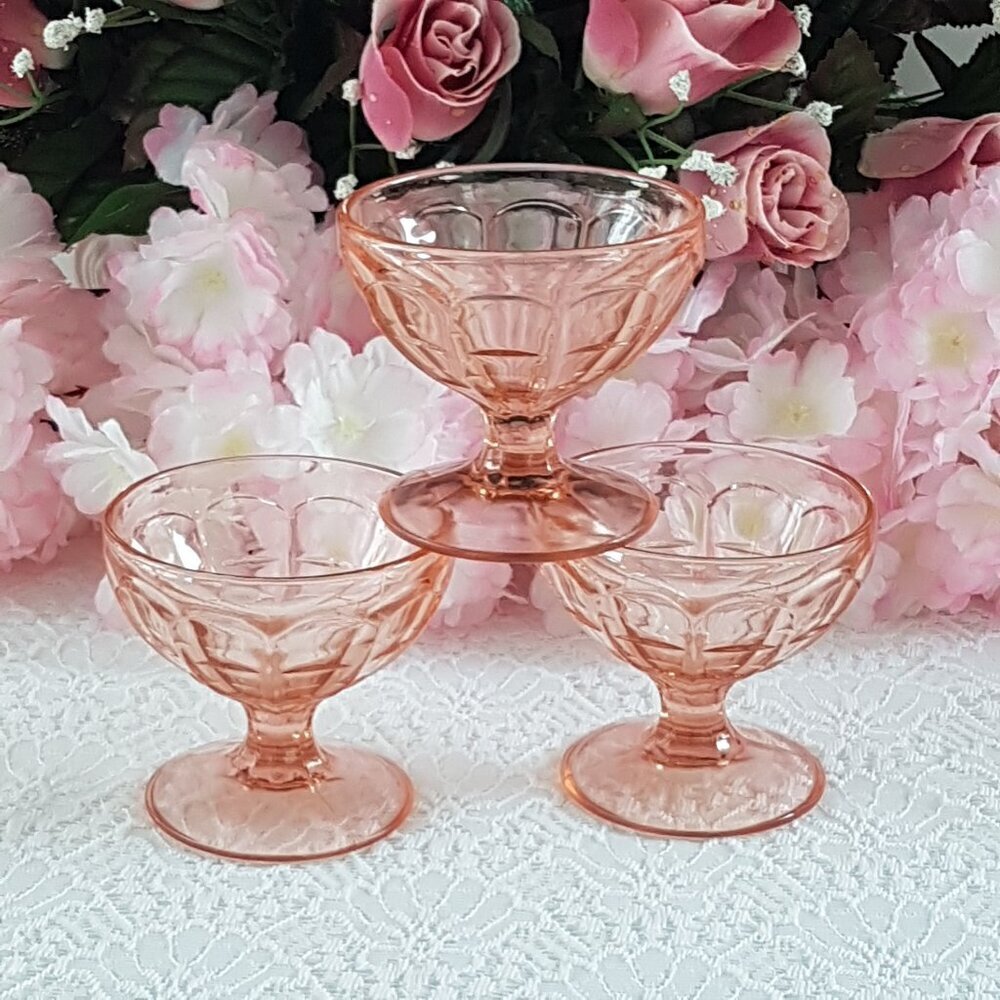 3pc Hazel Atlas Colonial Block Pink Depression Glass Champagne Sherbet Glass